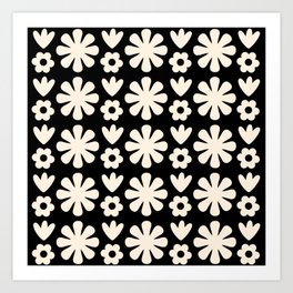 Scandi Floral Grid Retro Flower Pattern Black and Almond Cream  Art Print