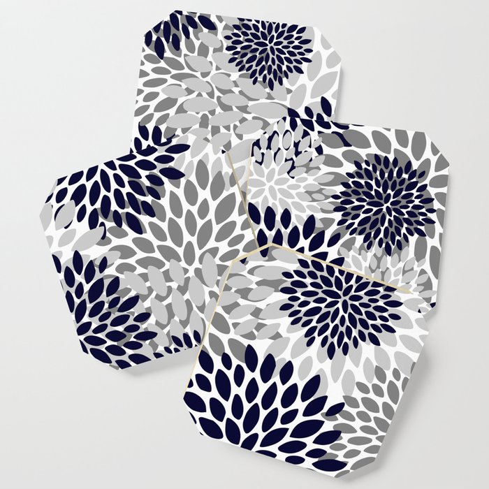 Abstract, Floral Prints, Navy Blue and Grey Coaster