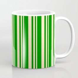[ Thumbnail: Beige and Green Colored Lined/Striped Pattern Coffee Mug ]