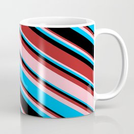[ Thumbnail: Red, Pink, Deep Sky Blue, and Black Colored Stripes/Lines Pattern Coffee Mug ]