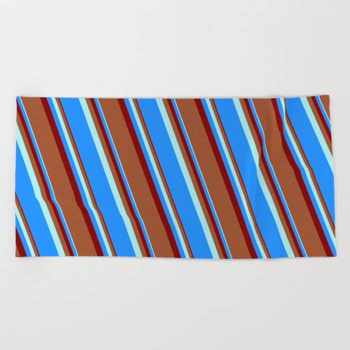 Turquoise, Blue, Maroon, and Sienna Colored Lines Pattern Beach Towel