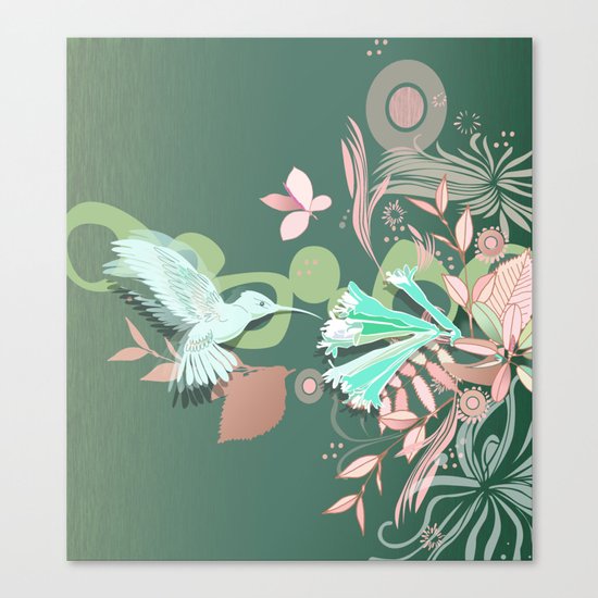 Hummingbird leaf tangle, green pale pink Canvas Print