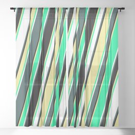 [ Thumbnail: Dark Slate Gray, Black, Tan, Green, and White Colored Lines Pattern Sheer Curtain ]