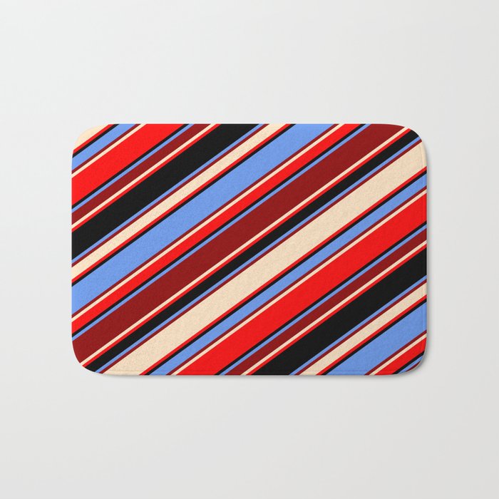 Cornflower Blue, Dark Red, Bisque, Red & Black Colored Stripes Pattern Bath Mat