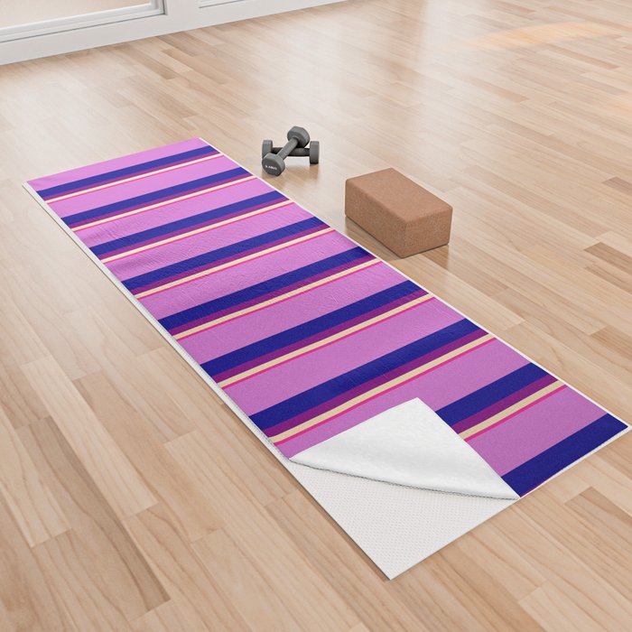 Deep Pink, Beige, Purple, Dark Blue, and Orchid Colored Stripes Pattern Yoga Towel