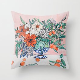 California Summer Bouquet - Oranges and Lily Blossoms in Blue and White Urn Throw Pillow