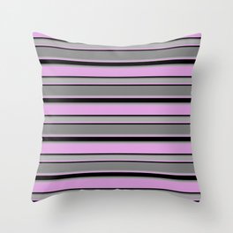 [ Thumbnail: Plum, Black, Gray, and Dark Grey Colored Striped/Lined Pattern Throw Pillow ]