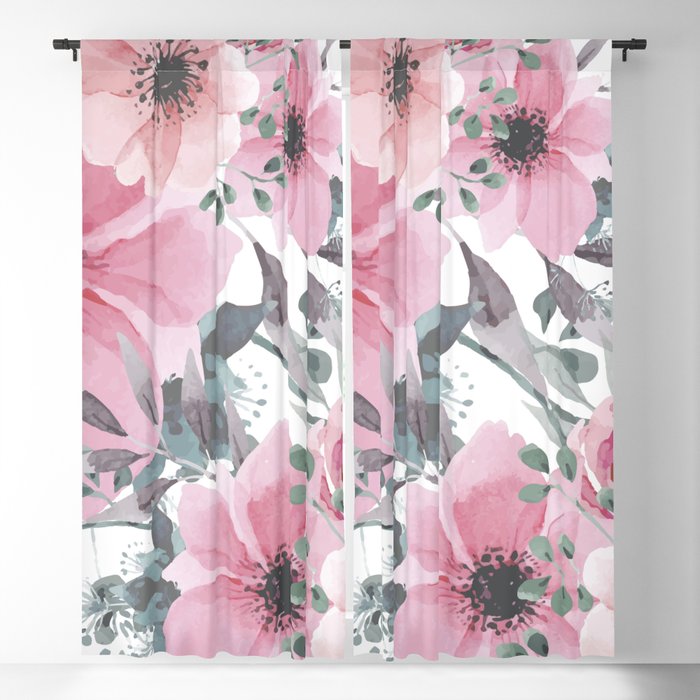 Floral Watercolor, Pink and Gray, Watercolor Print Blackout Curtain