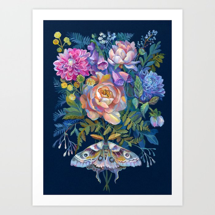 Moth Flower Bouquet Art Print