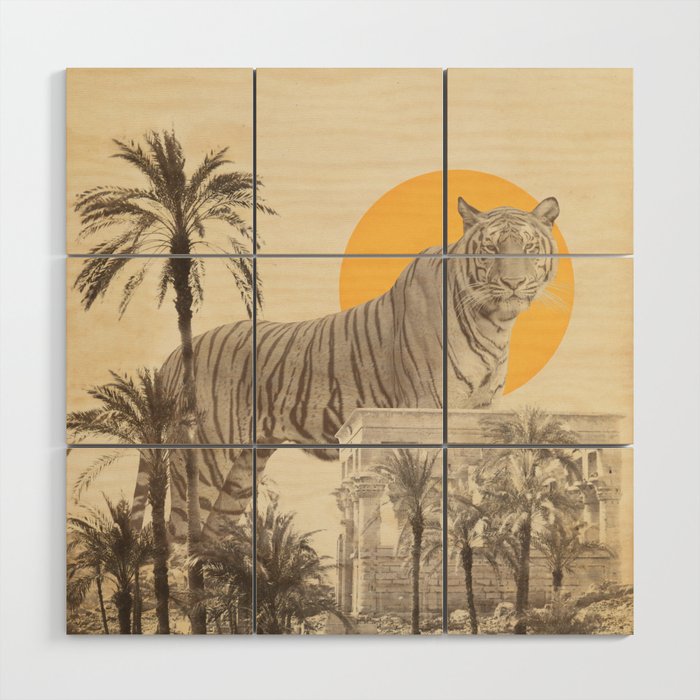 Giant Tiger in Ruins and Palms Wood Wall Art