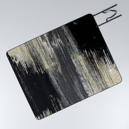 Abstract modern black gray gold glitter brushstrokes Picnic Blanket