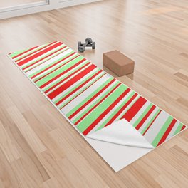 [ Thumbnail: Red, Green & White Colored Striped/Lined Pattern Yoga Towel ]