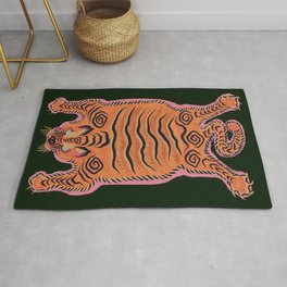 Wild Tiger Rug Rug | Curated, Tigerprint, Darkgreen, Tibetantiger, Zoopoo, Animal, Cat, Tapestry, Pattern, Pink 