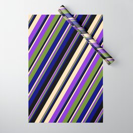 [ Thumbnail: Colorful Black, Beige, Purple, Green, and Blue Colored Pattern of Stripes Wrapping Paper ]