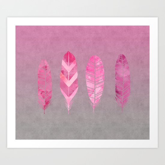 Feathers pink grunge watercolor art Art Print