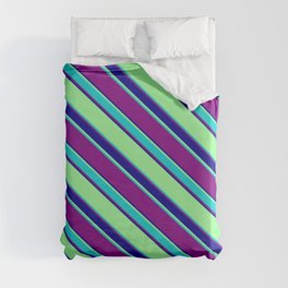 [ Thumbnail: Green, Dark Turquoise, Purple, and Dark Blue Colored Striped Pattern Duvet Cover ]