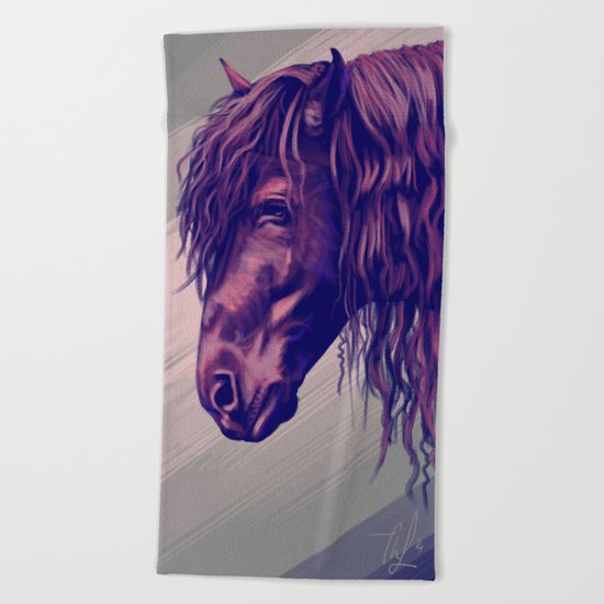 Purple horse portrait Beach Towel