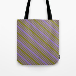 [ Thumbnail: Purple & Green Colored Lines/Stripes Pattern Tote Bag ]