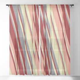 [ Thumbnail: Grey, Dark Red, Dark Salmon, and Pale Goldenrod Colored Striped Pattern Sheer Curtain ]