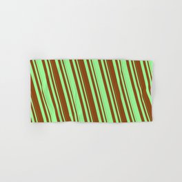[ Thumbnail: Brown and Green Colored Lined Pattern Hand & Bath Towel ]