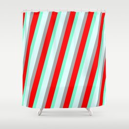 [ Thumbnail: Aquamarine, Light Cyan, Dark Grey & Red Colored Striped/Lined Pattern Shower Curtain ]