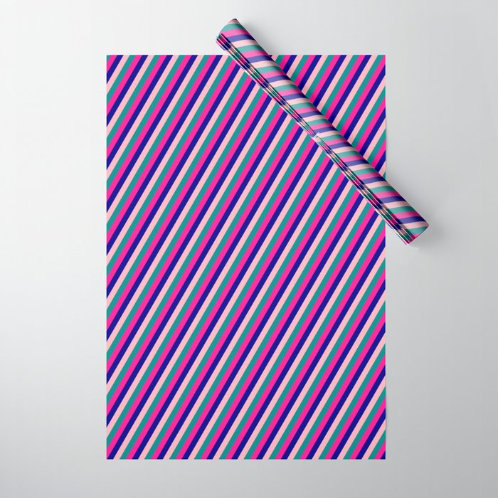 Dark Blue, Light Pink, Dark Cyan & Deep Pink Colored Lines/Stripes Pattern Wrapping Paper