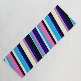 [ Thumbnail: Vibrant Deep Sky Blue, Hot Pink, Dark Blue, Black, and Light Yellow Colored Lines/Stripes Pattern Yoga Mat ]
