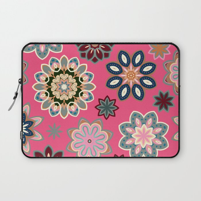 Flower retro pattern in vector. Blue gray flowers on pink background. Laptop Sleeve
