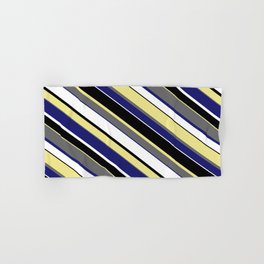 [ Thumbnail: Eye-catching Tan, Dim Gray, Midnight Blue, White, and Black Colored Pattern of Stripes Hand & Bath Towel ]