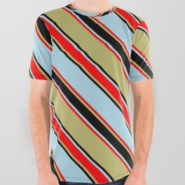 [ Thumbnail: Dark Khaki, Black, Light Blue & Red Colored Pattern of Stripes All Over Graphic Tee ]