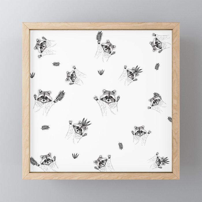 Playful Raccoons Black and White Framed Mini Art Print