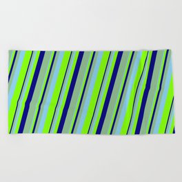 [ Thumbnail: Sky Blue, Chartreuse, Blue & Dark Sea Green Colored Lines Pattern Beach Towel ]