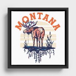Big Sky Country, Montana. Cool Retro Travel Art Featuring A Moose Framed Canvas