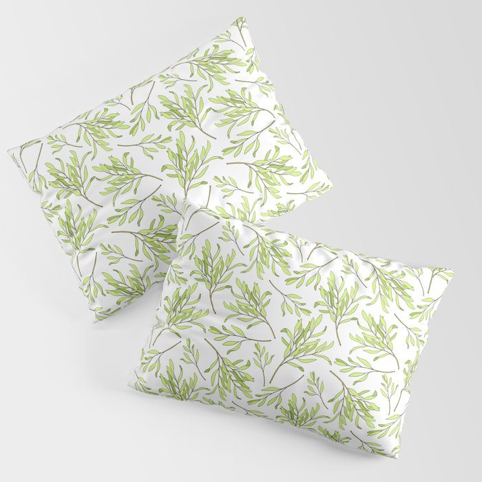 Tea tree leaves seamless pattern. Hand drawn vintage illustration of Melaleuca. Green medicinal plant isolated on white background.  Pillow Sham