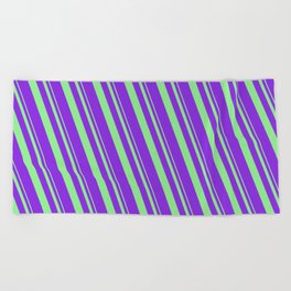 [ Thumbnail: Light Green and Purple Colored Lines Pattern Beach Towel ]