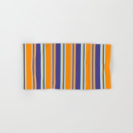 [ Thumbnail: Dark Slate Blue, Tan, Dark Orange & Turquoise Colored Stripes Pattern Hand & Bath Towel ]