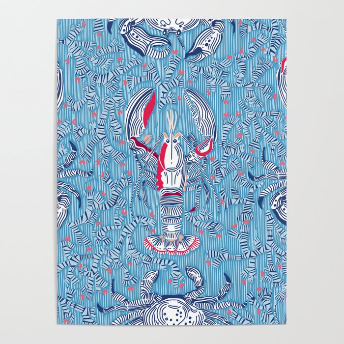 Lobster and crab coastal nostalgia summer blue Poster
