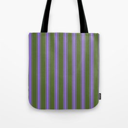 [ Thumbnail: Dark Olive Green and Purple Colored Lines Pattern Tote Bag ]