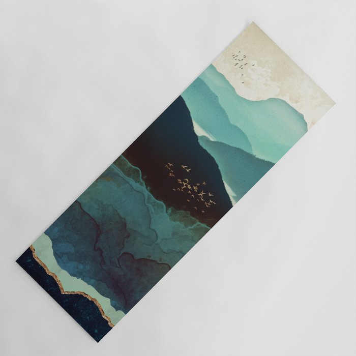 Indigo Mountains Yoga Mat | Graphic-design, Digital, Watercolor, Mountains, Indigo, Birds, Nature, Landscape, Abstract, Aqua