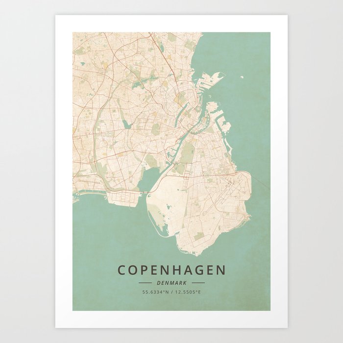 Copenhagen, Denmark - Vintage Map Art Print