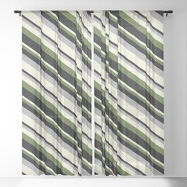 [ Thumbnail: Dark Grey, Beige, Dark Olive Green, and Black Colored Striped/Lined Pattern Sheer Curtain ]