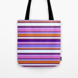 [ Thumbnail: Colorful Chocolate, Indigo, Medium Slate Blue, Light Cyan, and Orchid Colored Stripes Pattern Tote Bag ]
