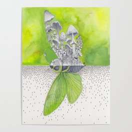 Green Cicada / Mushroom Watercolor Painting Poster
