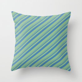 [ Thumbnail: Blue and Dark Sea Green Colored Lined/Striped Pattern Throw Pillow ]