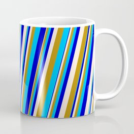 [ Thumbnail: Beige, Dark Goldenrod, Deep Sky Blue & Blue Colored Stripes Pattern Coffee Mug ]