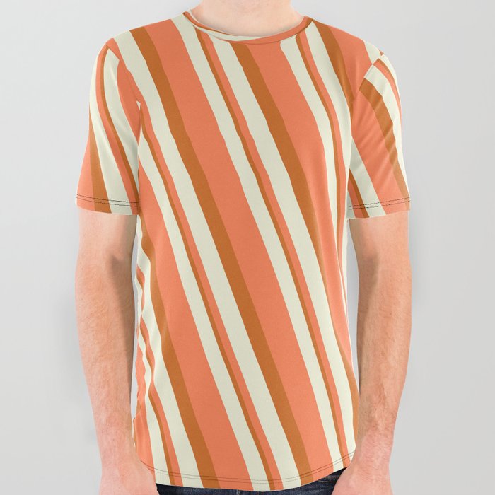Beige, Coral & Chocolate Colored Stripes Pattern All Over Graphic Tee