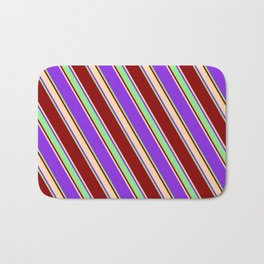 [ Thumbnail: Purple, Light Green, Dark Red & Tan Colored Stripes/Lines Pattern Bath Mat ]