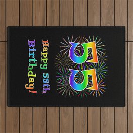 [ Thumbnail: 55th Birthday - Fun Rainbow Spectrum Gradient Pattern Text, Bursting Fireworks Inspired Background Outdoor Rug ]