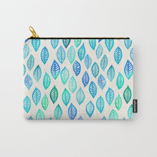 Watercolor Leaf Pattern in Blue & Turquoise Carry-All Pouch
