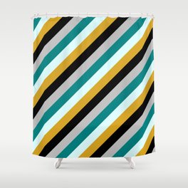[ Thumbnail: Eyecatching Grey, Teal, Light Cyan, Goldenrod & Black Colored Lines Pattern Shower Curtain ]